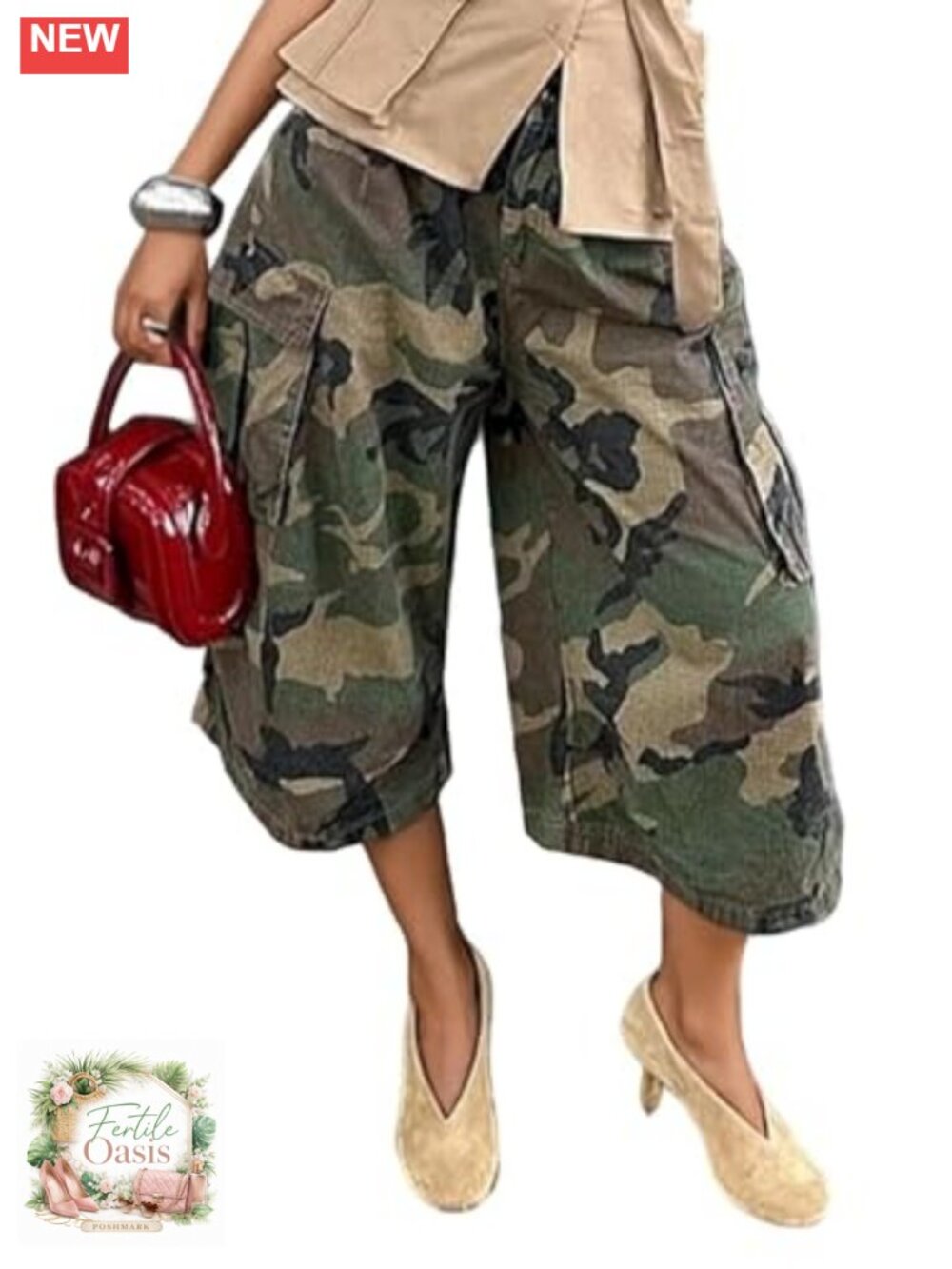 High Waisted Wide Leg Barrel Fit Camo Cargo Trousers